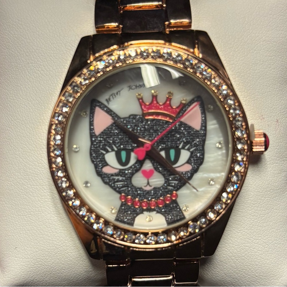 Betsey Johnson Black Cat Watch with Gold and Pink Accents